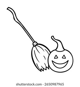 Halloween desenhado à mão com uma vassoura sorrindo abóbora em bruxa assustadora