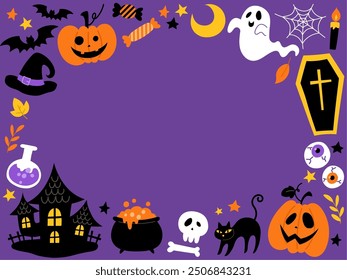 Hand-drawn Halloween frame purple background_Vector illustration