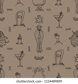 Hand-drawn Halloween grey seamless pattern with black doodles.