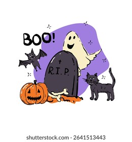Hand-drawn Halloween illustration featuring a smiling ghost, tombstone with R.I.P. , jack-o -lantern, black cat, bat, and bones.