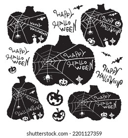 Hand-drawn Halloween illustration (Happy Halloween, jack-o'-lantern, bats, spiders and cobwebs, tombstones)