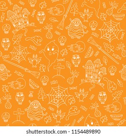 Hand-drawn Halloween orange seamless pattern with white doodles.