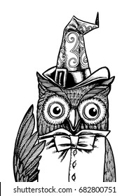 Hand-drawn Halloween owl and witch hat, hand drawing doodle sketch style.