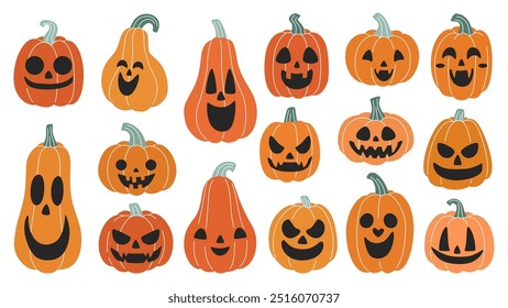 Abóboras de Halloween desenhadas à mão com rostos diferentes definidos. Bonitinho, assustador e engraçado jack-o-lanternas de várias formas e tamanhos, com diferentes expressões faciais. Fundo branco.