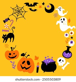 Hand-drawn Halloween round frame on yellow background_Vector illustration