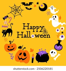 Hand-drawn Halloween round frame on yellow background_with text_vector illustration
