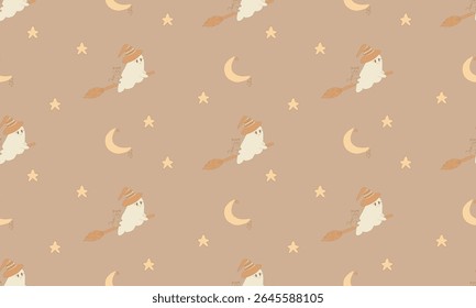 Hand-Drawn Halloween Seamless Pattern with Ghosts, Witch Hats, and Cats in Beige Tones
