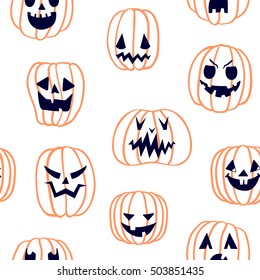 Hand-drawn halloween seamless pattern with scary pumpkins, vector pumpkin symbol of Halloween, EPS 8