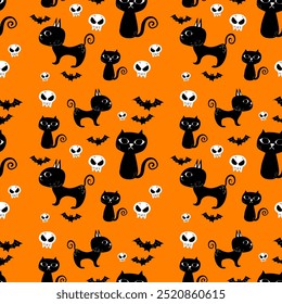 Hand-Drawn Halloween seamless pattern.Black cat, Ghost, Pumpkin seamless background.