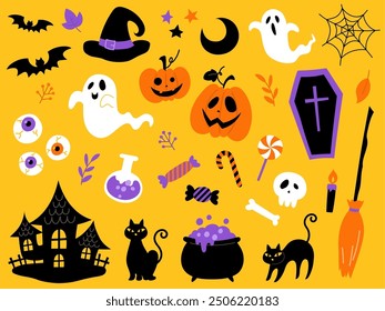 Handgezeichnetes Halloween-Set auf gelbem Hintergrund_Vektorgrafik
