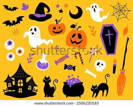Hand-drawn Halloween set on yellow background_Vector illustration

