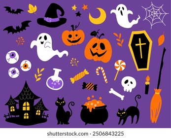 Hand-drawn Halloween set purple background_Vector illustration
