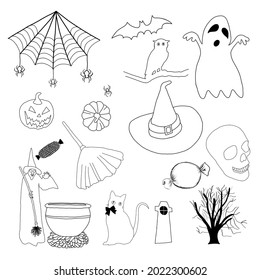 hand-drawn Halloween symbols and decorations doodles set 1. Vector illustration.