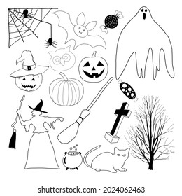 hand-drawn Halloween symbols and decorations doodles set 3. Vector illustration.