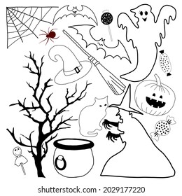 hand-drawn Halloween symbols and decorations doodles set 7. Vector illustration.
