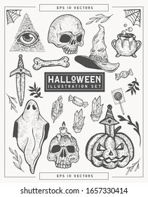 Hand-drawn halloween themed vector illustration set