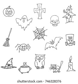 Hand-drawn Halloween traditional characters. Illustrations in the style of Doodle: carved pumpkin, cobweb, broom, bat, zombie, skull, spider, house, magic pot. Isolated vector on white.
