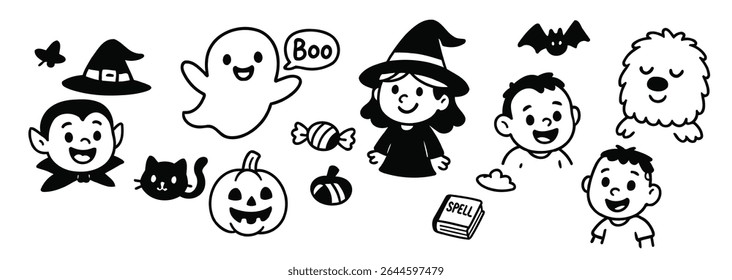 Hand-drawn Halloween vector doodles. Includes ghost, witch, vampire, pumpkin, bat, candies, and monster. Perfect for kids’ Halloween decorations and party design elements.