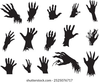 Hand-drawn Halloween zombie hands silhouettes. Isolated vector set of spooky arms, horror, Scary zombie hands. Creepy hands for Halloween.