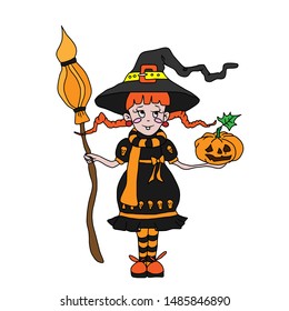 
Hand-drawn. Halloween.A young witch in a hat with red pigtails holds a broom and a pumpkin in her hands.
