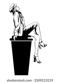 hand-drawn Hand drawn beautiful young woman sitting on large plastic coffee cup