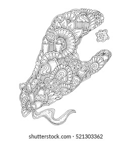 Hand-drawn hand with ethnic floral pattern. Coloring page - zendala, design for coloring relaxation for adults, vector illustration, isolated on a white background. Zendoodles.