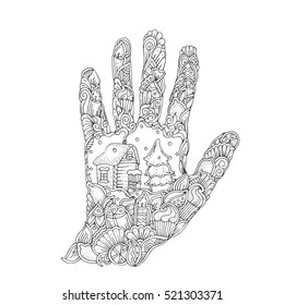 Hand-drawn hand with ethnic floral pattern. Coloring page - zendala, design for coloring and relaxation for adults, vector illustration, isolated on a white background. Zendoodles.