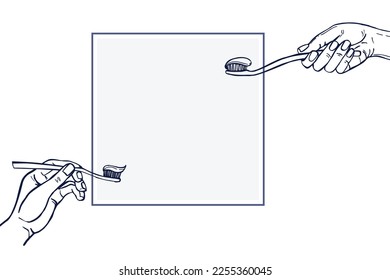 Hand-drawn hand holds a toothbrush.Teeth care. Vector background. Sketch  illustration.