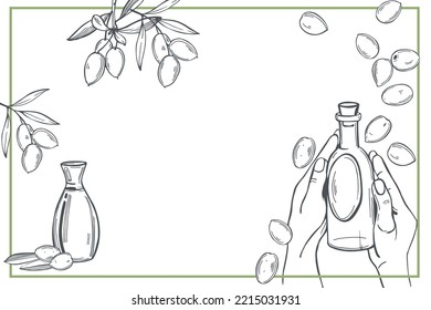 Hand-drawn hands holding a bottle of olive oil.  Vector sketch  illustration.