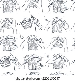 Hand-drawn hands knitting. Vector  seamless pattern.