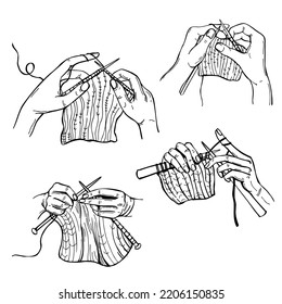Hand-drawn hands knitting. Vector sketch illustration.