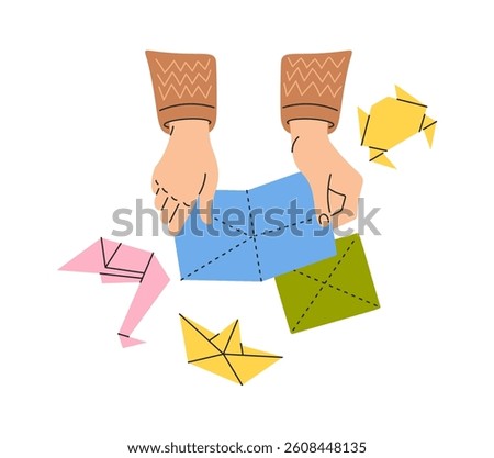 Hand-drawn hands making paper origami