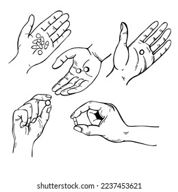 Hand-drawn hands with pill. Vector sketch  illustration.