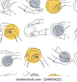 Hand-drawn hands washing dishes. Vector  seamless pattern.