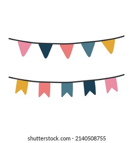 Hand-drawn hanging flags on ropes, garland.
