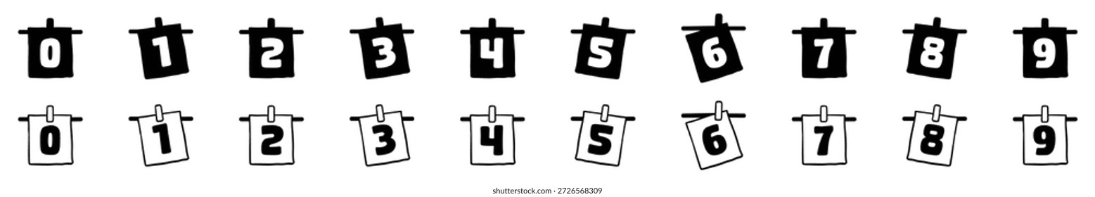 Handgezeichnete hängende Zahl Banner von 0 bis 9, schwarz-weiße Doodle Vektorgrafik.