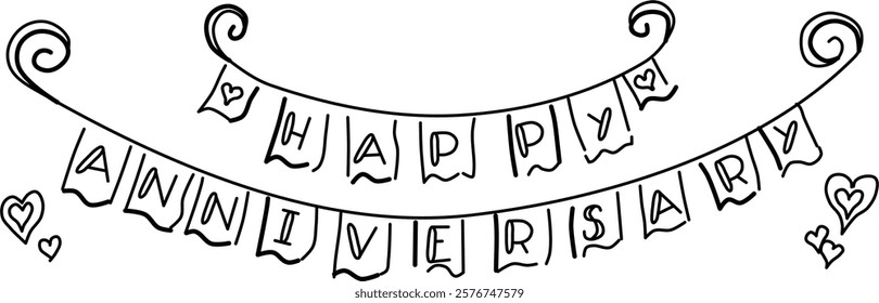 Hand-drawn "Happy Anniversary" banner vector doodle. Celebrating life's special moments. 