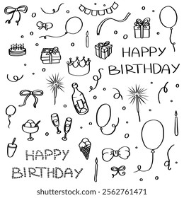 Hand-drawn happy birthday celebration pack. Doodle graphic elements, black contour on a white background. Suitable for prints, web design, stationary design, stickers, wrapping paper, coloring pages