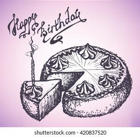 Hand-drawn happy birthday lettering and cake with candle