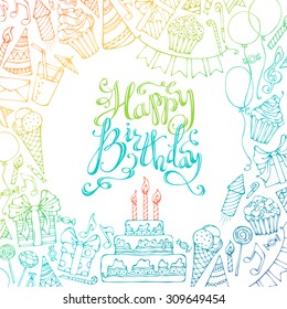 Hand-drawn Happy Birthday square background. Colourful doodles gift boxes, garlands and balloons, music notes, party blowouts, cakes and candies, birthday pie, party hats, hand-drawn lettering.