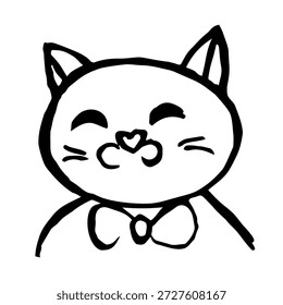 Gato de dibujos animados feliz dibujado a mano con pajarita.