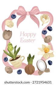 Cartão de Páscoa feliz desenhado à mão com um arco, ovos de Páscoa e casca de ovo, narciso e flores de primavera de crocodilo e bulbo, bagas e texto