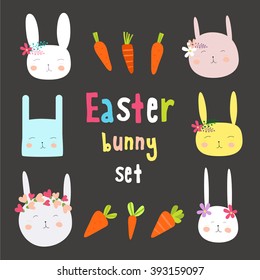 Hand-drawn happy Easter day postcard print with eggs, bunnies letters. Design elements. Doodle hand drawn style illustration for greeting card, t-shirts and bags print, scrapbooking