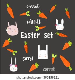 Hand-drawn happy Easter day postcard print with eggs, bunnies letters. Design elements. Doodle hand drawn style illustration for greeting card, t-shirts and bags print, scrapbooking