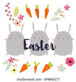 Hand-drawn happy Easter day postcard print with carrots, bunnies letters. Design elements. Doodle hand drawn style illustration for greeting card, t-shirts and bags print, scrapbooking