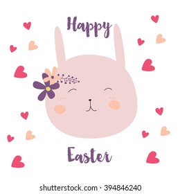 Hand-drawn happy Easter day postcard print with carrots, bunnies letters. Design elements. Doodle hand drawn style illustration for greeting card, t-shirts and bags print, scrapbooking
