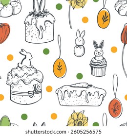 Hand-drawn Happy Easter set. Easter cake.  Vector seamless pattern.  Sketch  illustration.  

