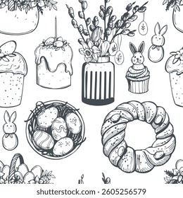 Hand-drawn Happy Easter set. Easter cake.  Vector seamless pattern.  Sketch  illustration.  

