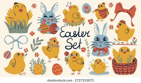 Conjunto de Pascua feliz dibujado a mano. Pollitos amarillos lindos de la historieta, conejitos azules caprichosos, huevos modelados y flores de la primavera en un estilo juguetón del garabato para las tarjetas de felicitación de los niños, la decoración del vivero, y el diseño creativo de las vacaciones