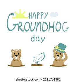 Hand-drawn Happy Groundhog Day inscription. Cute cartoon groundhogs, sun and clouds isolated on white background. Groundhog Mink. Template for calligraphic card, flyer, t-shirt, sticker, etc.